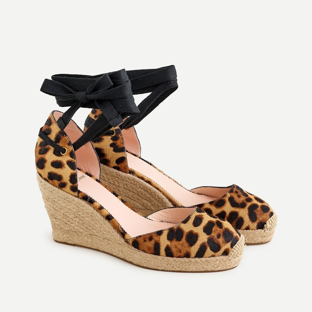 J Crew‎ Espadrille Wedge Sandals Women 10 NWOB Leopard Calf Hair Lace-up Ankle